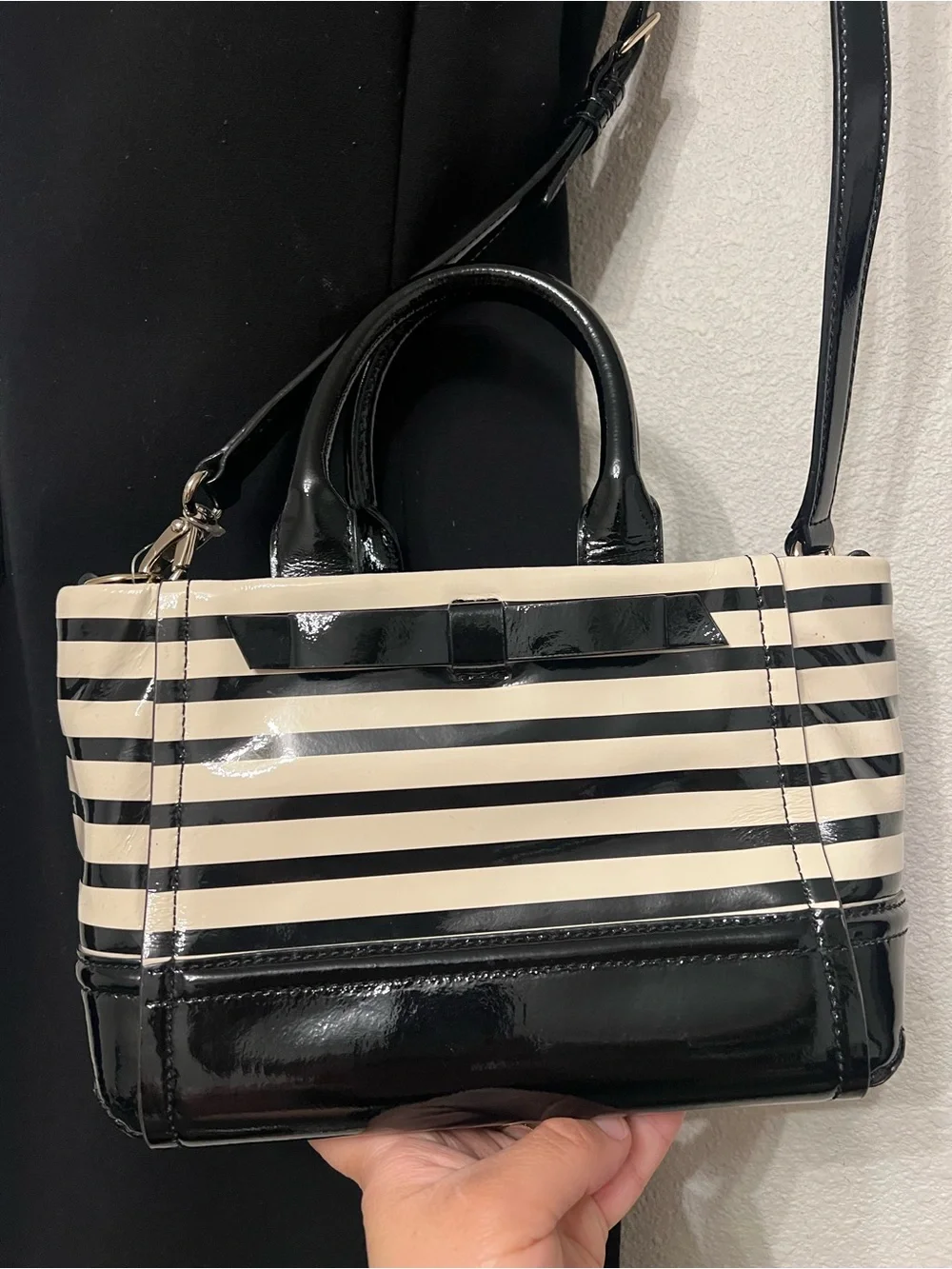 Kate Spade Black and White Striped Patent Leather Tote